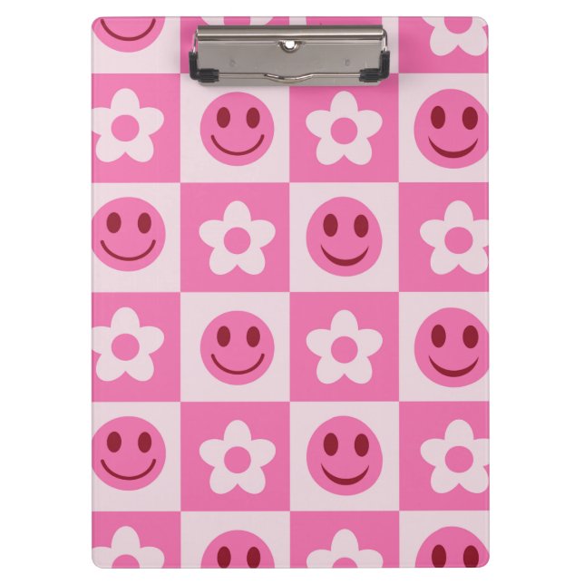 Checkered flowers and happy faces pink  clipboard (Front)