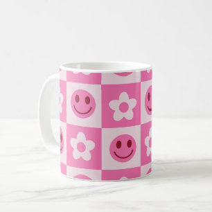 Checkered Flowers and Happy Faces Pink Coffee Mug