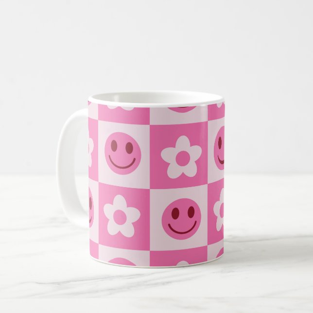 Checkered Flowers and Happy Faces Pink  Coffee Mug (Front Left)