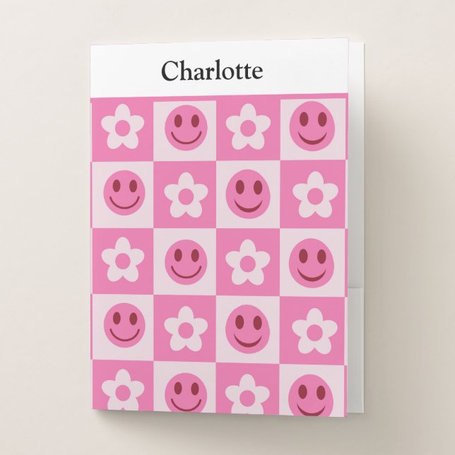 Checkered flowers and happy faces Pink Custom  Pocket Folder (Front)