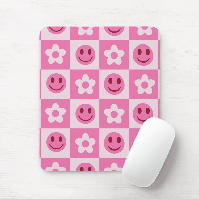 Checkered flowers and happy faces pink  mouse pad (With Mouse)