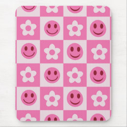 Checkered flowers and happy faces pink  mouse pad