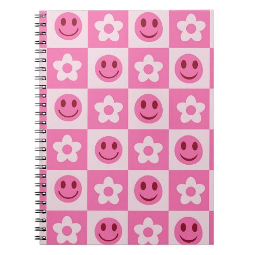 Checkered flowers and happy faces pink  notebook