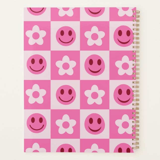 Checkered flowers and happy faces pink  planner (Back)