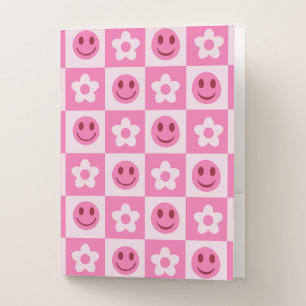 Checkered flowers and happy faces pink  pocket folder