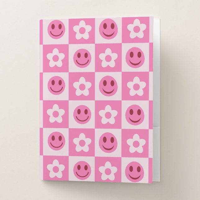 Checkered flowers and happy faces pink  pocket folder (Front)