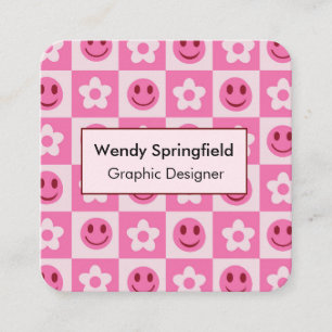 Checkered Flowers and Happy Faces Pink Square Business Card