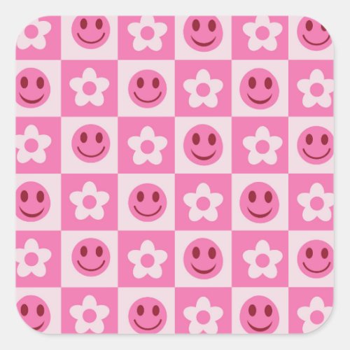 Checkered flowers and happy faces pink    square sticker