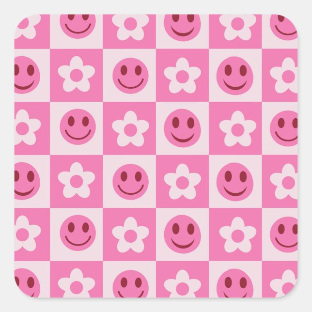 Checkered flowers and happy faces pink    square sticker (Front)
