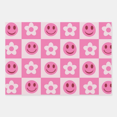 Checkered flowers and happy faces pink   wrapping paper sheets