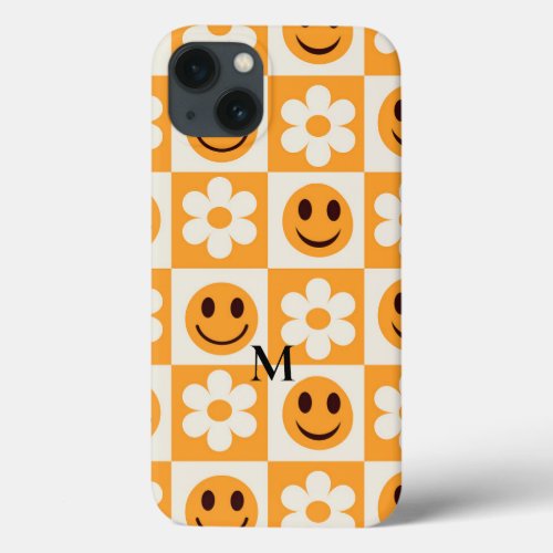 Checkered flowers and orange smiling faces custom  iPhone 13 case