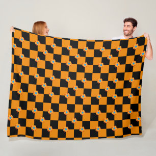 Checkered flowers orange and black fleece blanket