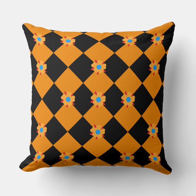 Checkered flowers orange and black throw pillow (Front)
