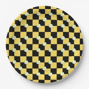 Checkered flowers yellow white and black paper plates