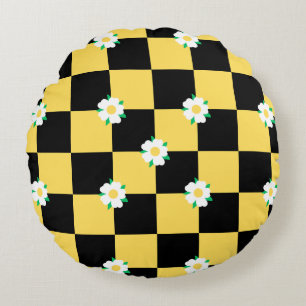 Checkered flowers yellow white and black round pillow