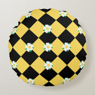 Checkered flowers yellow white and black round pillow
