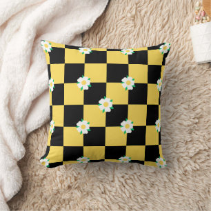 Checkered flowers yellow white and black throw pillow