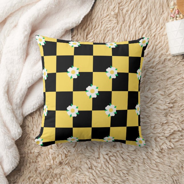 Checkered flowers yellow white and black throw pillow (Blanket)
