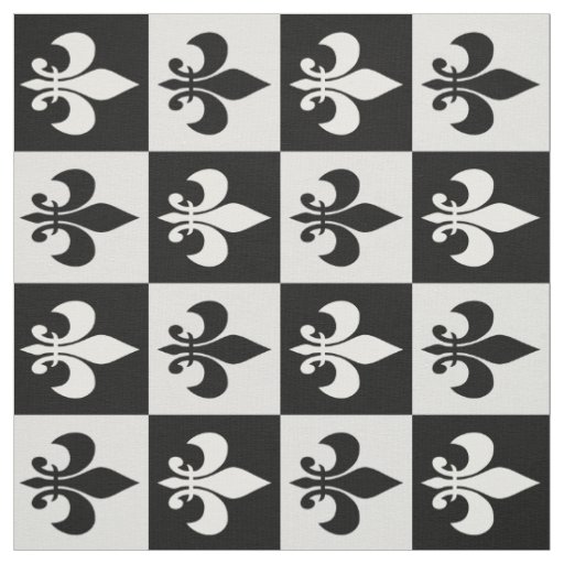 Checkered Geometric Black White Fleur-de-lis  Fabric