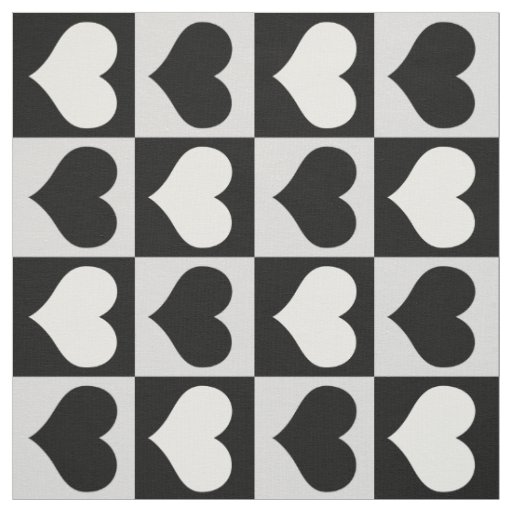 Checkered Geometric Black White Hearts Fabric