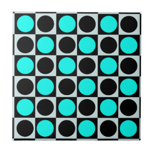 Checkered Geometric Blue Black Circle Polka Dots Ceramic Tile