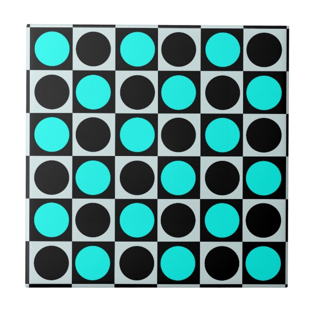 Checkered Geometric Blue Black Circle Polka Dots  Ceramic Tile (Front)