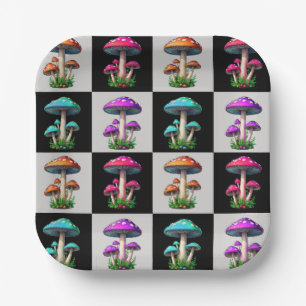 Checkered Geometric Mushroom Paper Plates