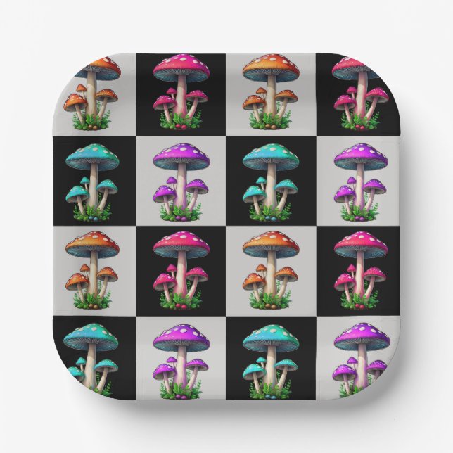Checkered Geometric Mushroom Paper Plates (Front)