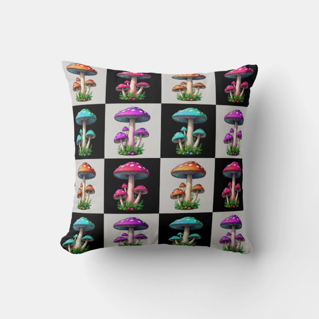Checkered Geometric Mushroom Throw Pillow (Front)