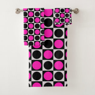 Checkered Geometric Pink Black Circle Polka Dots  Bath Towel Set