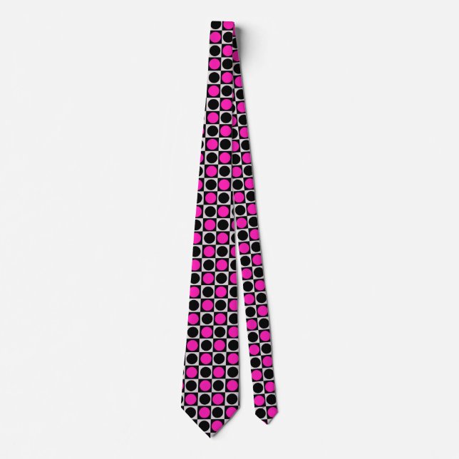 Checkered Geometric Pink Black Circle Polka Dots  Neck Tie (Front)