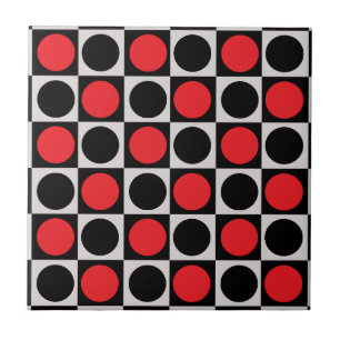 Checkered Geometric Red Black Circle Polka Dots Ceramic Tile