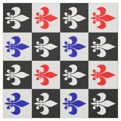 Checkered Geometric Red Blue Black Fleur-de-lis  Fabric