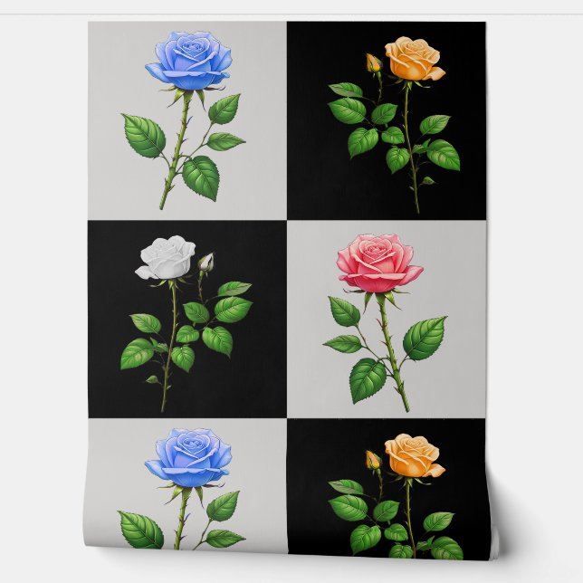 Checkered Geometric Rose Floral Wallpaper (Unrolling)