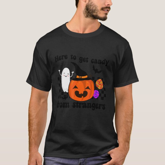 Checkered Get Candy From Strangers Cute Pumpkin Ha T-Shirt (Front)