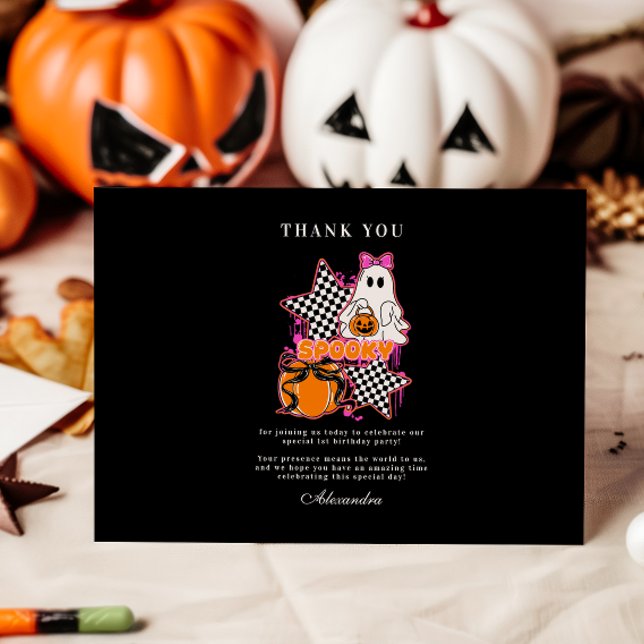 Checkered Ghost Halloween 1st Birthday Thank You Card (Creator Uploaded)