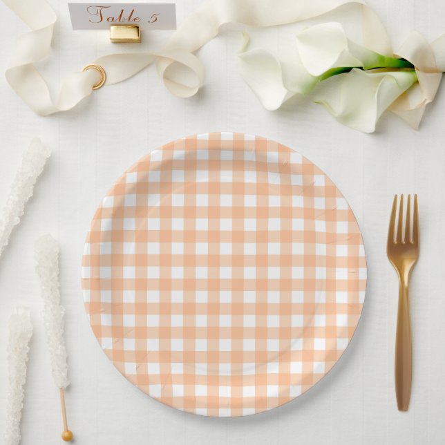 Checkered Gingham Check Plaid Pattern Peach Paper Plates (Wedding)