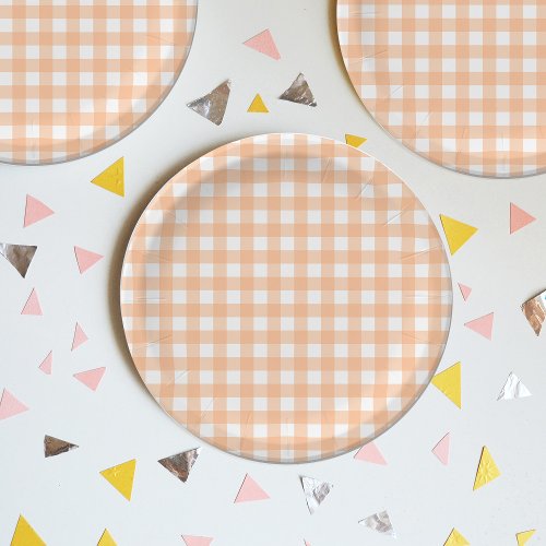 Checkered Gingham Check Plaid Picnic Peach  Paper Plates