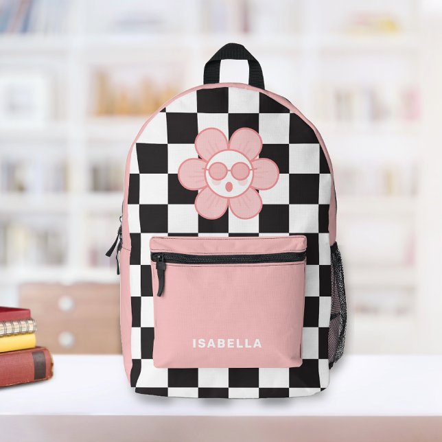 Checkered Girl School Backpack (Trendy Checkered Personalized Backpack. Pink cool Daisy with black and white checkers. )