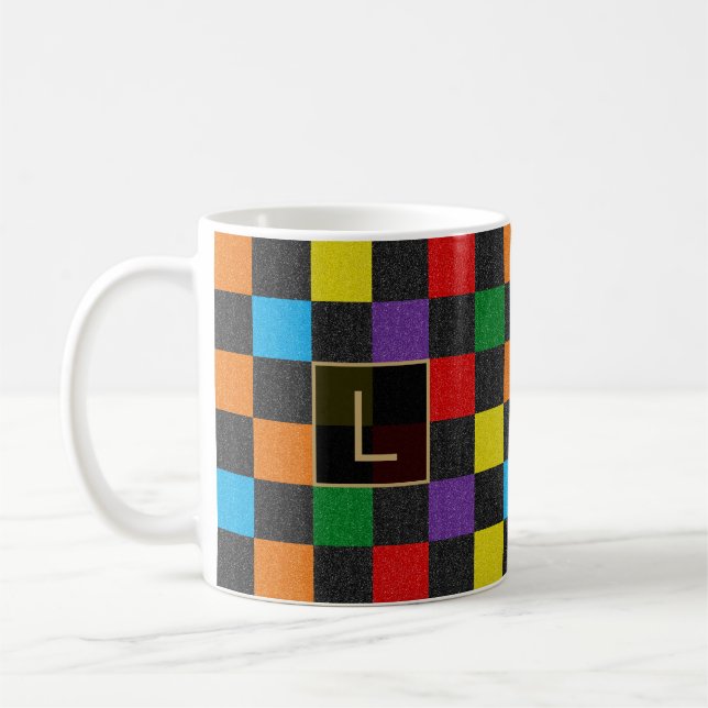 Checkered Glitter Rainbow Custom Monogram, Proud Coffee Mug (Left)