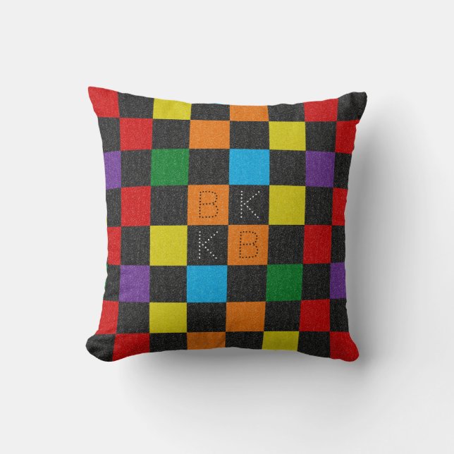 Checkered Glitter Rainbow LGBTQ Gay Pride Monogram Throw Pillow (Front)