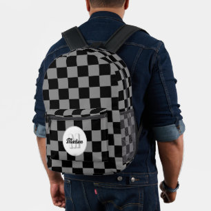 Checkered gray and black geometric retro Monogram Printed Backpack