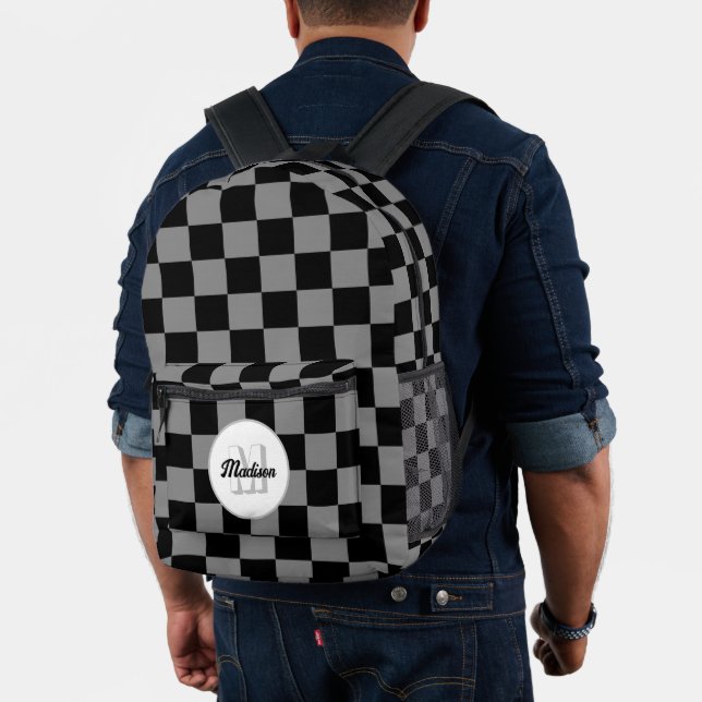 Checkered gray and black geometric retro Monogram Printed Backpack (Insitu (Model))