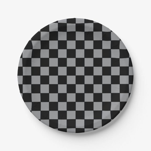 Checkered Gray and Black  Paper Plates (Front)