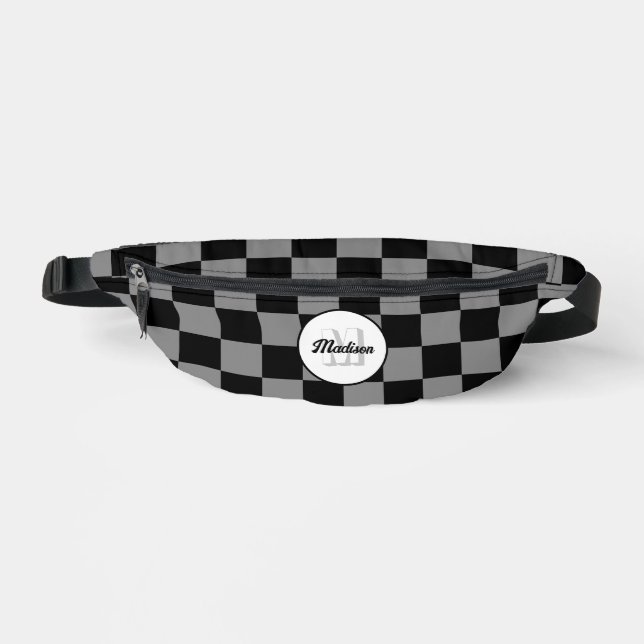 Checkered gray black geometric retro Monogram Fanny Pack (Front)