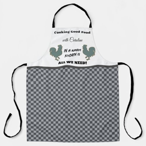Checkered Gray  Rooster Silhouette  Quote Apron