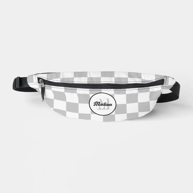 Checkered gray white geometric retro Monogram Fanny Pack (Front)