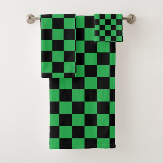 Checkered Green and Black Bath Towel Set (Insitu)