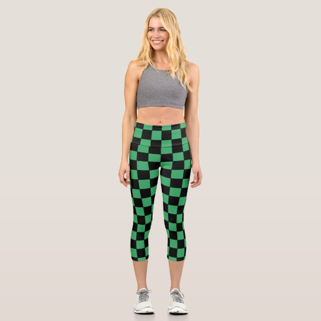 Checkered Green and Black Capri Leggings (Front)