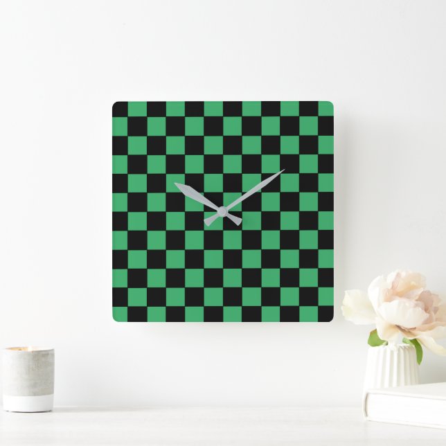 Checkered Green and Black Square Wall Clock (Home)